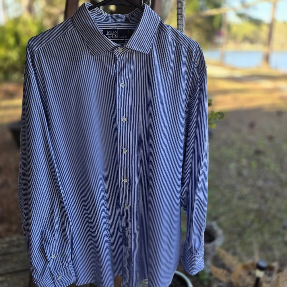 Polo Ralph Lauren Blue White Vertical Stripe 100% Cotton Dress Shirt Neck 17.5